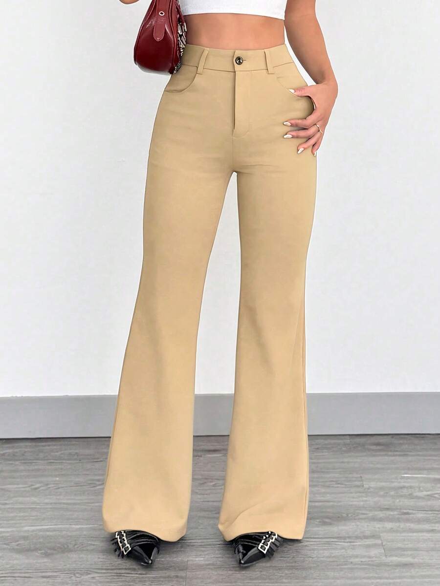 SHEIN EZwear 时尚百搭休闲卡其色喇叭裤 - 卡其色 - 查看 1