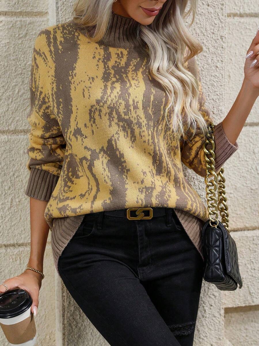 EMERY ROSE Women's Turtleneck Contrast Color Drop Shoulder Long Sleeve Loose Casual Knit Sweater - Mocha Brown - View 1