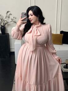 Flirla Váy voan tay đèn lồng nhẹ nhàng, kiểu Pháp ngọt ngào thanh lịch mới, váy ôm eo, váy cưới cho nữ - Hồng - Xem 4