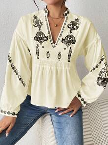SHEIN LUNE Women's Shirred Graphic Print Long Sleeve Button Shirt Peplum Top - Light Yellow - View 3