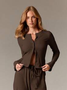 AiiRZ Ribbed Cardigan And Wide Leg Pants Co Ord Set For Women Casual Lounge Wear Autumn Winter Outfit - Chocolate Brown - View 4