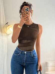 SHEIN PETITE 优雅圆领无袖针织拼接不对称网眼黑色春夏女士连体衣 - 咖啡棕 - 查看 5