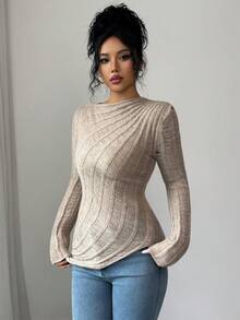 SHEIN Elenzya Áo thun nữ thường ngày Thu/Đông, Thích hợp cho kỳ nghỉ, Lễ Tạ ơn, Ngày lễ tình nhân, Cổ điển, Phong cách Scandinavia, Phong cách Hàn Quốc, Thanh lịch, Đa năng, Học sinh, Giáo viên, Phong cách Gothic, Trang phục công sở, Kinh doanh, Áo len đan - Màu Khaki - Xem 3