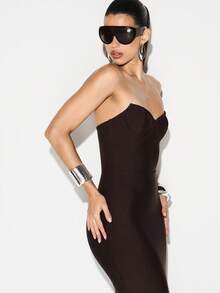 KIZN Đầm dạ hội Maxi bodycon hở lưng xẻ tà hình trái tim - Cà phê - Xem 6