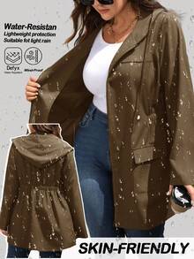 EMERY ROSE 大码女式秋季休闲拉链棕色连帽风衣，收腰轻便连帽风衣，带口袋，适合秋季、冬季、复古风、外出、圣诞节、新年等多种场合，也适合感恩节等节日穿着。 - 棕色 - 查看 3