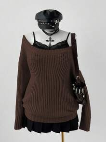 Sunspun Oversized Cozy Willow Striped Texture Apricot Crew Neck Pullover Sweater, Autumn/Winter - Coffee Brown - View 5