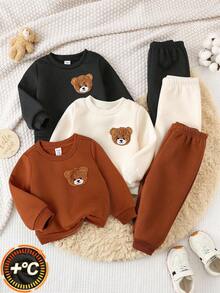 SHEIN Bộ 6 món/Bộ đồ thể thao cho bé trai/bé gái thường ngày dễ thương hình gấu & sọc kaki, quần nỉ và áo nỉ, quần áo trẻ em unisex, quần áo mùa đông cho bé - Nhiều màu - Xem 3