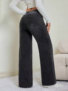 SHEIN Tall 秋冬女士休闲直筒牛仔裤，带口袋和保暖内衬，冬季服装，暖白色保暖内衬低腰黑色牛仔裤 - 黑色 - 查看 4