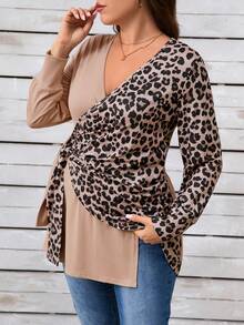 EMERY ROSE Plus Size Women V-Neck Long Sleeve Leopard Patchwork Casual Tie-Front Tunic Top - Khaki - View 5