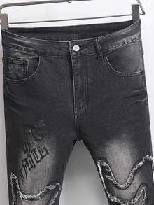 Manfinity Homme Men's Pocket Letter Graphic Frayed Skinny Jeans - Black - View 3