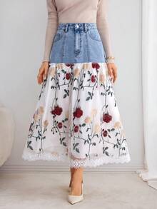 Selianne 女士中长款牛仔撞色网眼甜美高腰 A 字裙 - 中等水洗藍 - 查看 4