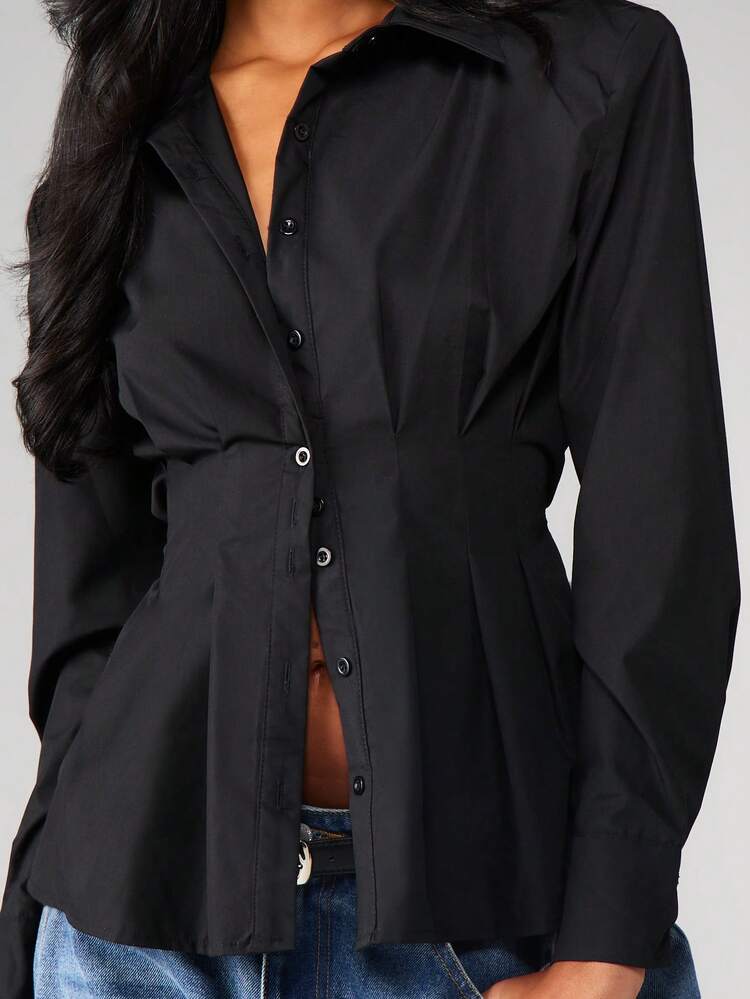 MISSGUIDED Blusa de popelina de manga larga con cuello, ajustada a la cintura, de estilo clásico y profesional para la oficina