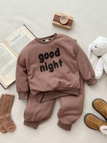 Blossori Young Boys French Elegant Letter Embroidered Crew Neck Long Sleeve Sweatshirt/Jogger Pants Set, Kids Sweat Set,Cozy Fall & Winter Styles - Brown - View 5