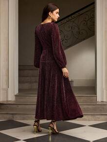 ZEYLAH Vestido con cuello en V, fruncido y con bajo acampanado, para otoño/invierno