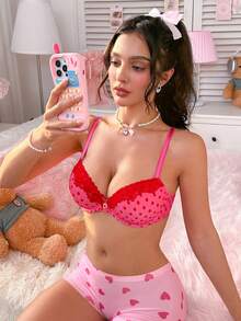 蕾丝拼接甜美钢圈波点文胸 - 玫紅色 - 查看 5