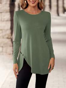 EMERY ROSE Women's Casual Solid Color Round Neck Long Sleeve T-Shirt - Army Green - View 6
