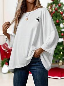 EMERY ROSE Áo thun nữ thêu hình tuần lộc tối giản giản dị cho mùa Giáng sinh, phù hợp cho mùa thu/đông - Nhiều màu - Xem 3