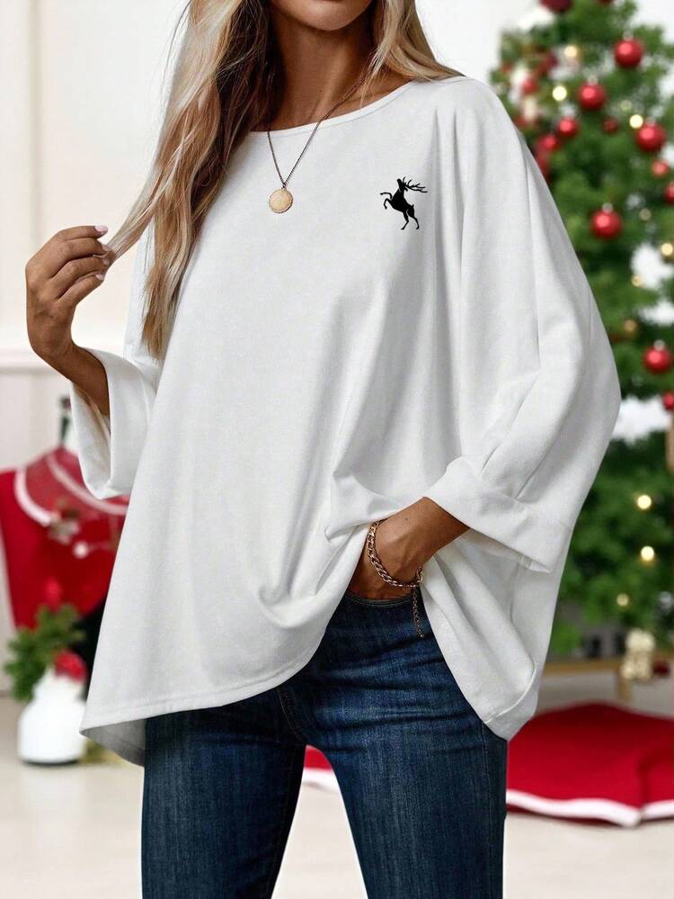 EMERY ROSE 2-Piece Women's Christmas Elk Print T-Shirt Sets,Black N White Autumn Casual Everyday Plus Size Simple Basic Tops For Fall Winter - Multicolor - View 3