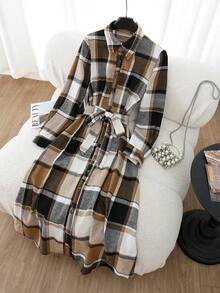 SHEIN Franclia Casual Urban Commuting Retro Plaid Long-Sleeved Belted Women's Autumn And Winter Mid-Length Shirt Dress, Elegant Women's Outfits, Stylish And Chic Women's Suits, Thanksgiving Outfits, New Year's Clothing. - Khaki - View 3