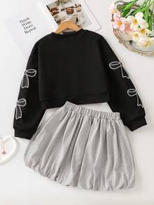 青少年女孩休闲蝴蝶结贴花运动衫和迷你裙套装，秋季 - 黑色 - 查看 2