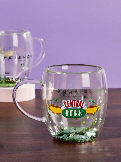 FRIENDS X SHEIN 1Pc 8.8oz/260ml Cartoon Pattern High Borosilicate Double-Layer Glass, Coffee Cup, Cold And Heat Resistance, Suitable For Milk, Juice, Coffee, Sparkling Water, Etc., Friendship,