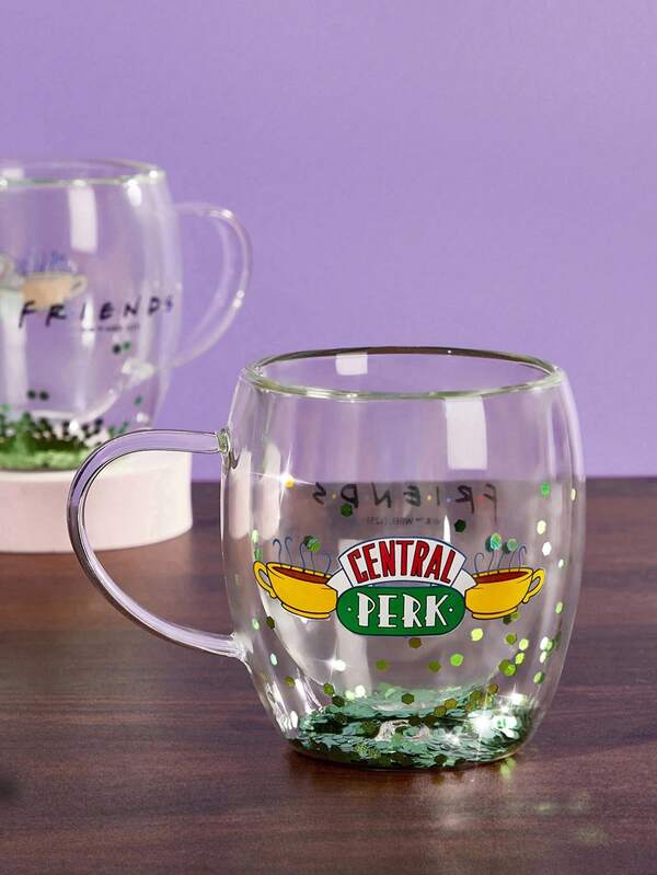 FRIENDS X SHEIN 1Pc 8.8oz/260ml Cartoon Pattern High Borosilicate Double-Layer Glass, Coffee Cup, Cold And Heat Resistance, Suitable For Milk, Juice, Coffee, Sparkling Water, Etc., Friendship,