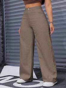 SHEIN ICON Plus Size Solid Color Casual Straight Loose Fit Jeans - Coffee Brown - View 4