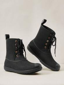 OUTDOORSY Fashion Mid-Calf Lace-Up Flat Rain Boots For Christmas And New Year Holiday Vibe Fall And Winter - Black - View 1