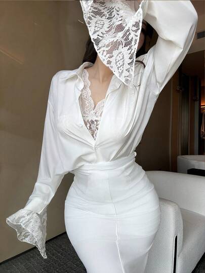 Vibekara 女士纯色性感蕾丝宽松衬衫，休闲日常穿着