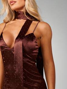 MISSGUIDED Chocolate Satin Polka Dot Halter Neck Midaxi Dress With Twisted Front Detail - Brown - View 4
