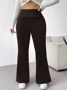 SHEIN EZwear Quần ống loe lót nhiệt màu sô cô la cỡ lớn giữ ấm mùa đông - Màu nâu Sô-cô-la - Xem 4