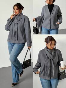 Firerie Abrigo gris holgado de cuello en V talla grande, adecuado para el Día de San Valentín, conciertos, actuaciones, citas, cenas formales, galas, elegante, ir al trabajo, volver al colegio, vacaciones, playa, romántico, estilo oficina, estilo sirena, fiesta de cumpleaños. Abrigo gris de invierno para mujer, chaqueta gris, chaqueta con flecos grises - Gris - Ver 1