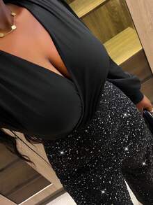 Xyvia 秋冬优雅女士 V 领宽松褶皱系带亮片连体裤，适合派对、圣诞节、万圣节、新年、约会、通勤、复古风格 - 黑色 - 查看 5