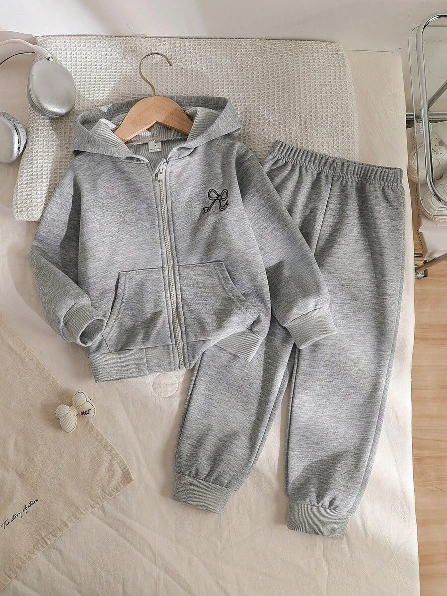 两件套女童奶油色蝴蝶结刺绣连帽外套+松紧腰修身九分裤,休闲运动套装,春秋季 - 灰色 - 查看 1