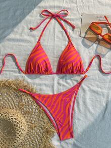 Swim Vcay Summer Beach Zebra Stripe Halter Triangle Bikini Set - Multicolor - View 5