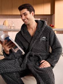 Manfinity Underwear&Sleepwear Basics 深灰色男士抓绒睡衣套装，包括睡袍和裤子，秋冬装，蓬松舒适 - 深灰色 - 查看 5