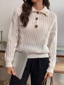 Elyressa Women's Button Decor Long Sleeve Twist Rope Stand Collar Sweater - Apricot - View 5