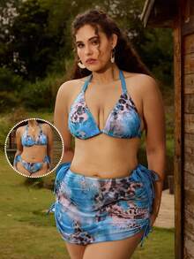 SHEIN Swim 3pcs Plus Size Elegant Leopard Print Vacation Swimwear Set Plus Size Swimwear Two Pieces Beachwear Plus Size - Multicolor - View 1