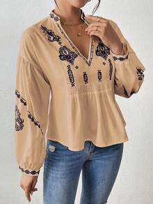 SHEIN LUNE Women's Shirred Graphic Print Long Sleeve Button Shirt Peplum Top - Apricot - View 7