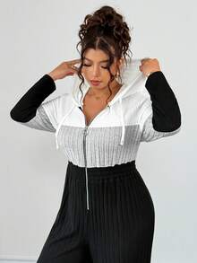 EMERY ROSE Plus Size V-Neck Ring Zipper Decor Long Sleeve Soft Knitted Ribbed Fuzzy Tricolor Contrast Splice Casual Jumpsuit, Home Jumpsuit Fall - Multicolor - View 6
