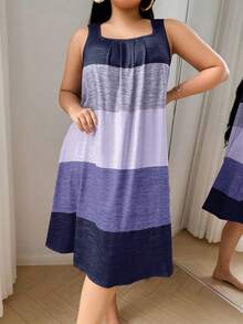 SHEIN 女士加大码休闲条纹无袖短款睡裙，方领柔软针织面料，夏季条纹连衣裙，女士吊带无袖连衣裙，宽松睡裙 - 藍色 - 查看 3