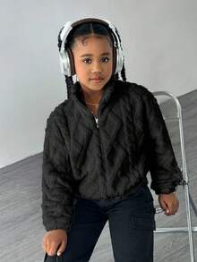 Tween Girls' White Turtleneck Geometric Fleece Casual Jacket - Black - View 4