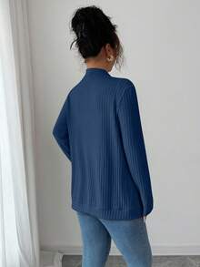 SHEIN PETITE Veste légère décontractée pour femmes, à côtes, brossée, à l'avant ouvert, avec poches latérales - Bleu azur - Voir 2