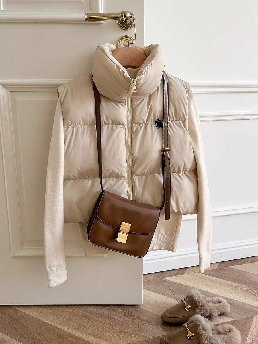 SHEIN Frenchy New Autumn Women's Winter Casual Warm Zip-Up Stand Collar Padded Sleeveless Padded Coat With Small Logo Embroidery, Autumn/Winter,Commuting Style, Suitable For Party, Halloween, Christmas, Holiday Events Jackets - Apricot - View 1