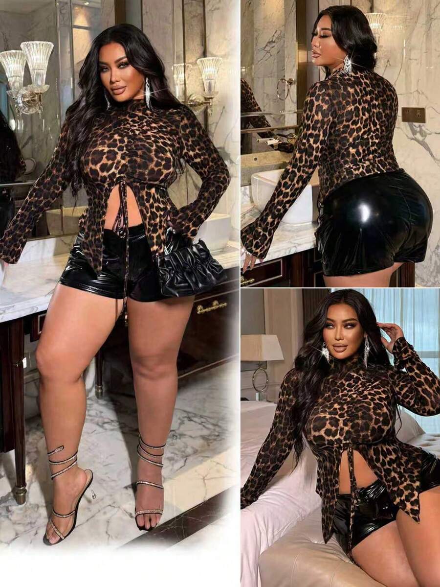NU&NOW Plus Size Women Sexy Leopard Print Drawstring Hem Long Sleeve T-Shirt Top