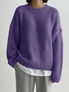 DAZY 女式休闲宽松圆领落肩长袖毛衣，秋冬 - Bold Plum - 查看 2