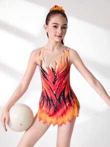 Bộ đồ liền thân thể thao không tay in họa tiết thoải mái, mềm mại, vừa vặn, chống nhấp nháy, thích hợp cho cuộc thi khiêu vũ tại trường, mọi mùa - Màu Cam cháy - Xem 5