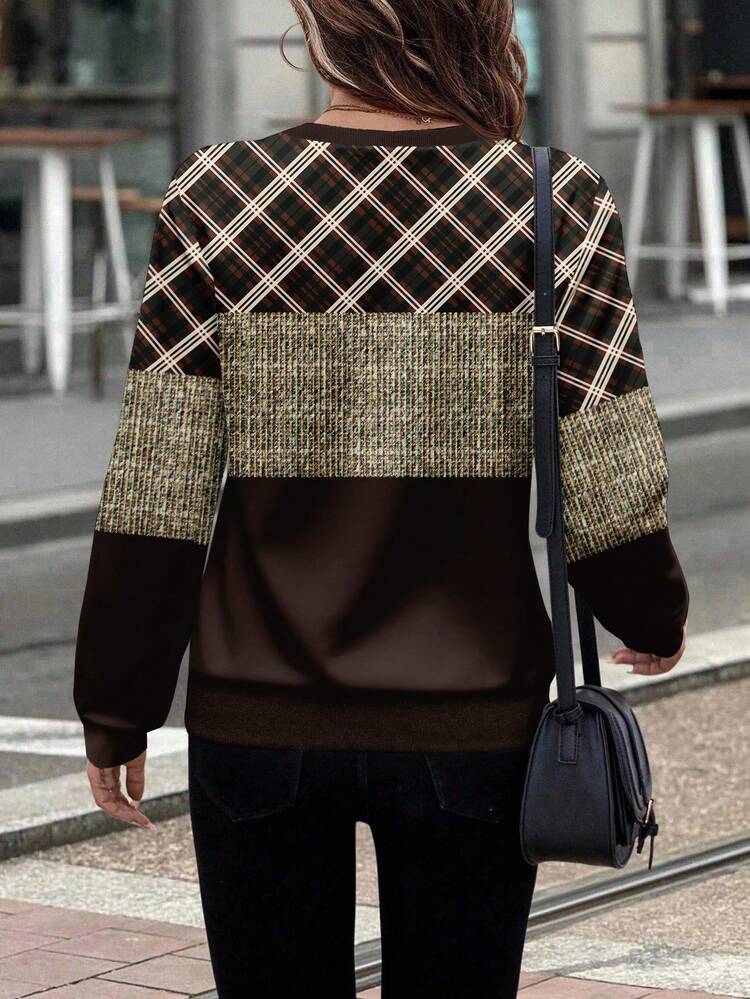 Women's Plaid Front Zip Up Round Neck Sweatshirt Brown For Women Autumn Winter Clothes For Women