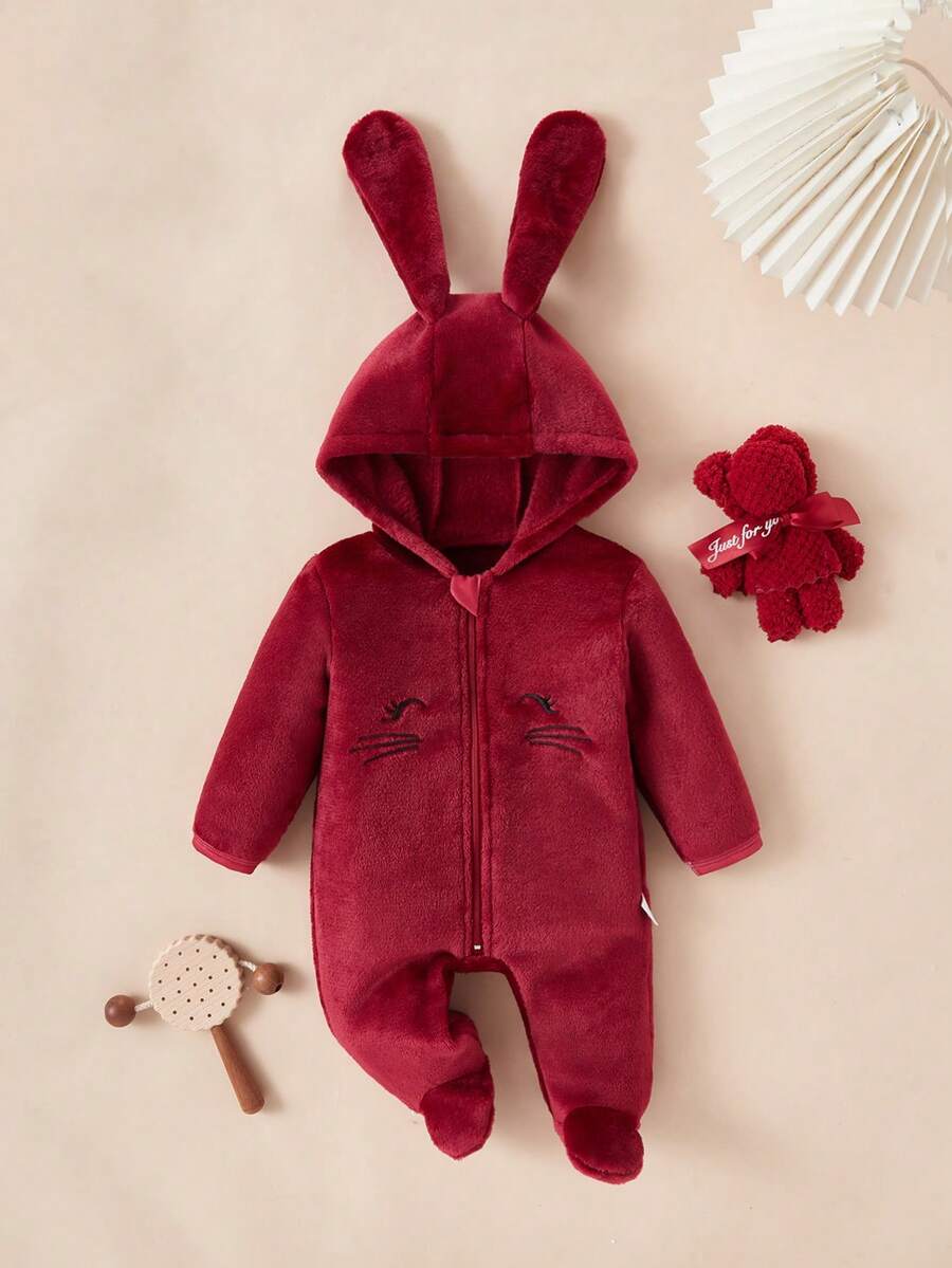 SHEIN 女婴睡衣，可爱柔软勃艮第兔子，睫毛刺绣眼睛和灵活耳朵设计长袖连帽连体衣家居服