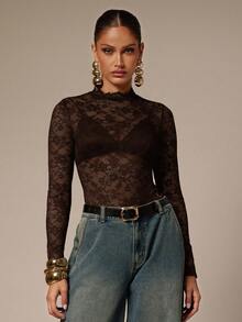 Silquee Women's Floral Lace Stand Collar Long Sleeve Sexy Bodysuit - Coffee Brown - View 6